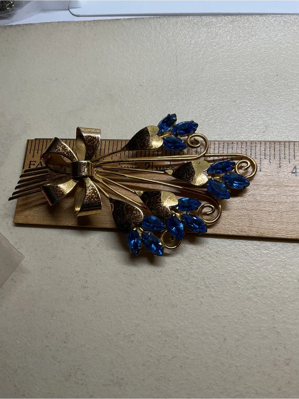 “Vintage Sterling Silver Vermeil Flower Bouquet Bow Brooch Blue Rhinestones